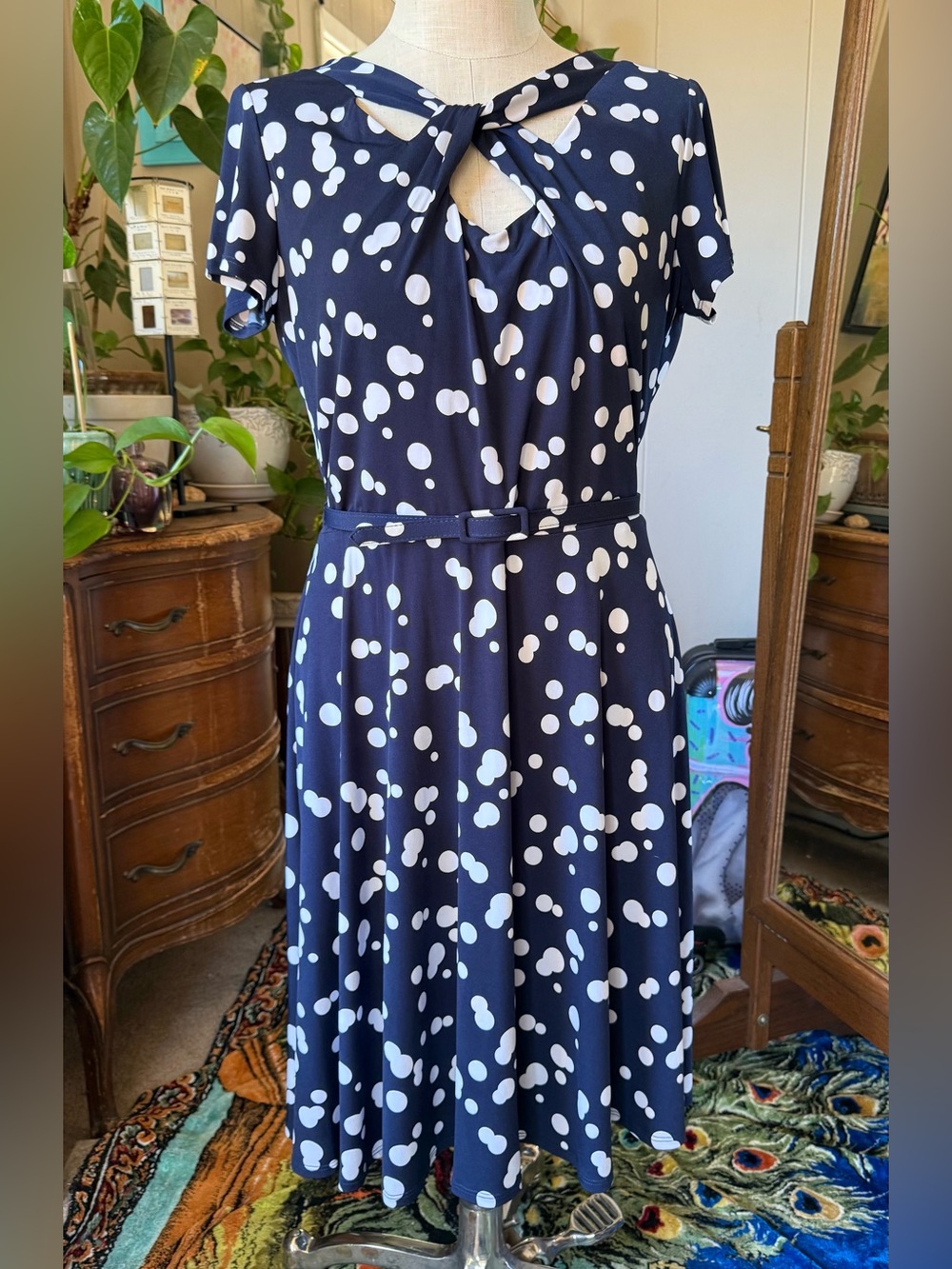 Danny & Nicole Navy and White Dot Fit-and-Flare Midi Dress, size 16